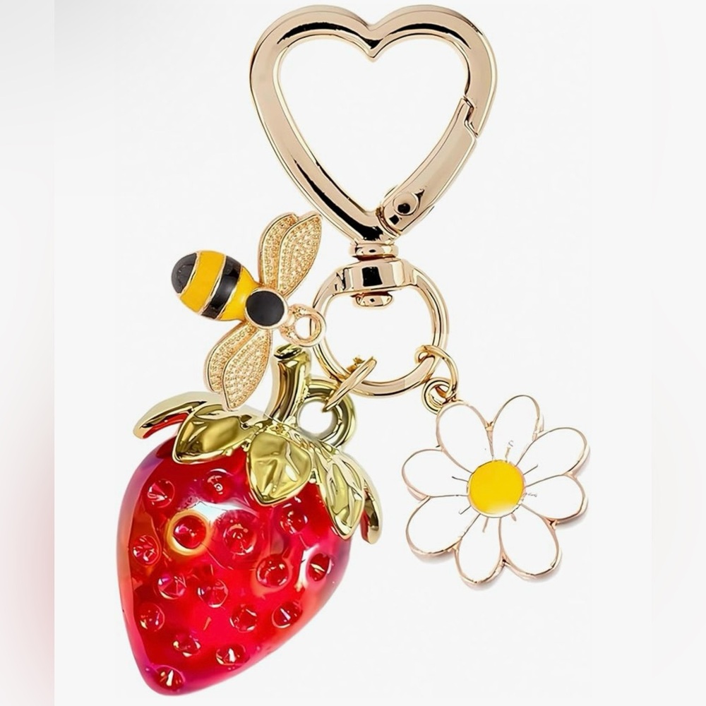 Strawberry Bag Charm with Bee and Flower